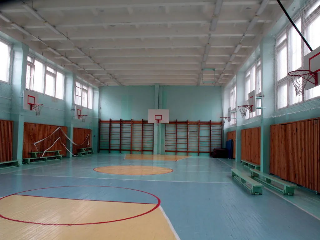 Gimnasio escolar amplio con canastas de básquetbol (fotografía ilustrativa)