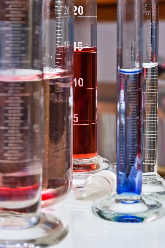 Probetas de laboratorio con líquidos de colores (fotografía ilustrativa)